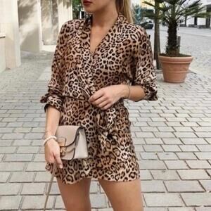 Zara TRF Leopard Print Romper with Long Sleeves Size XS
